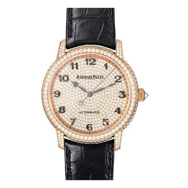 Audemars Piguet Jules Audemars 15159Or.Zz.D002Cr.01 Diamond Pave Dial 36Mm 18Kt Rose Gold Black Leather Straps Ladies Watch
