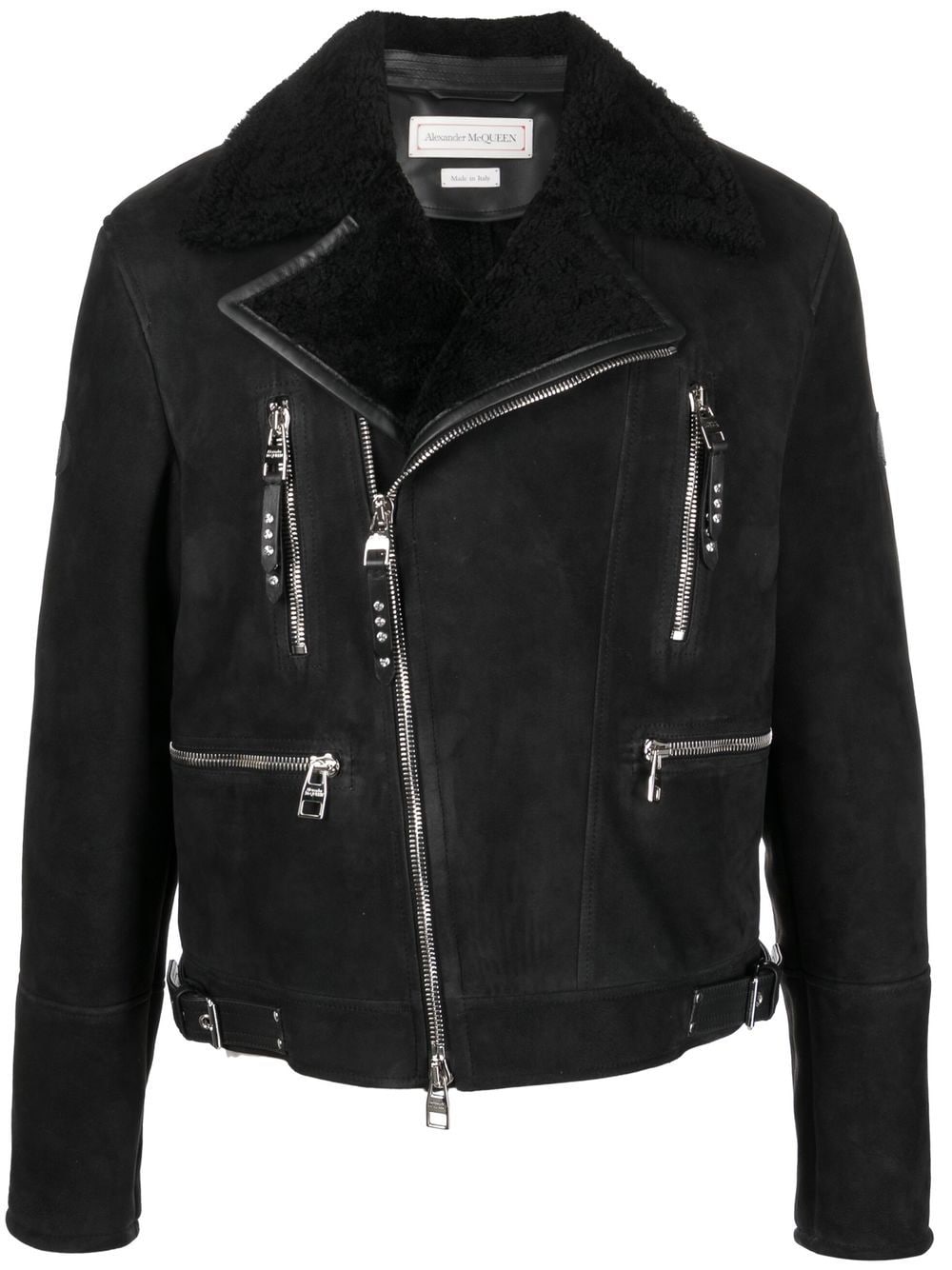 Alexander McQueen logo-patch shearling biker jacket