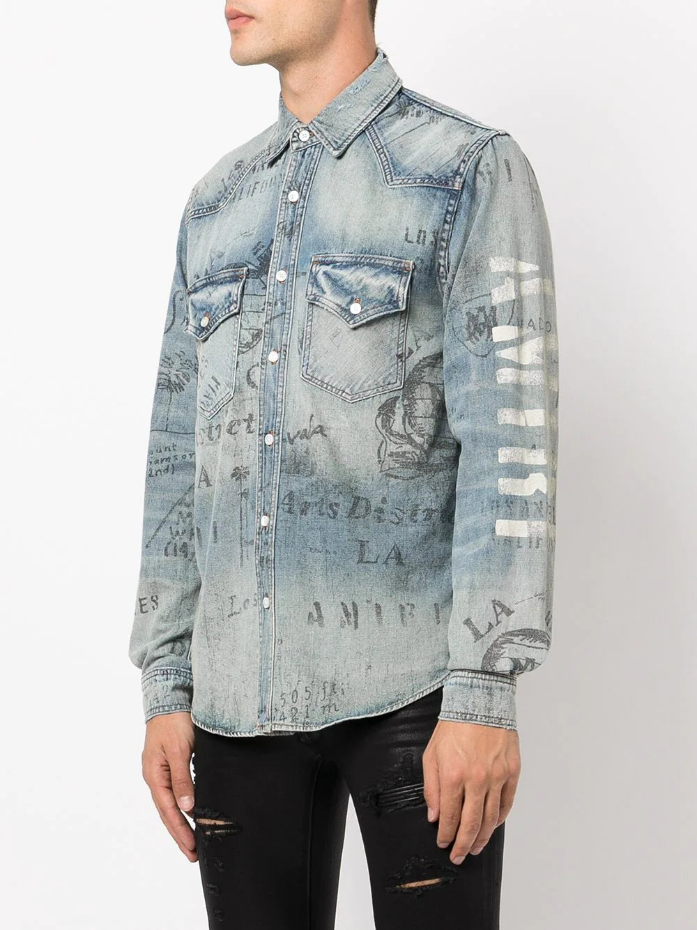 AMIRI distressed logo print denim shirt
