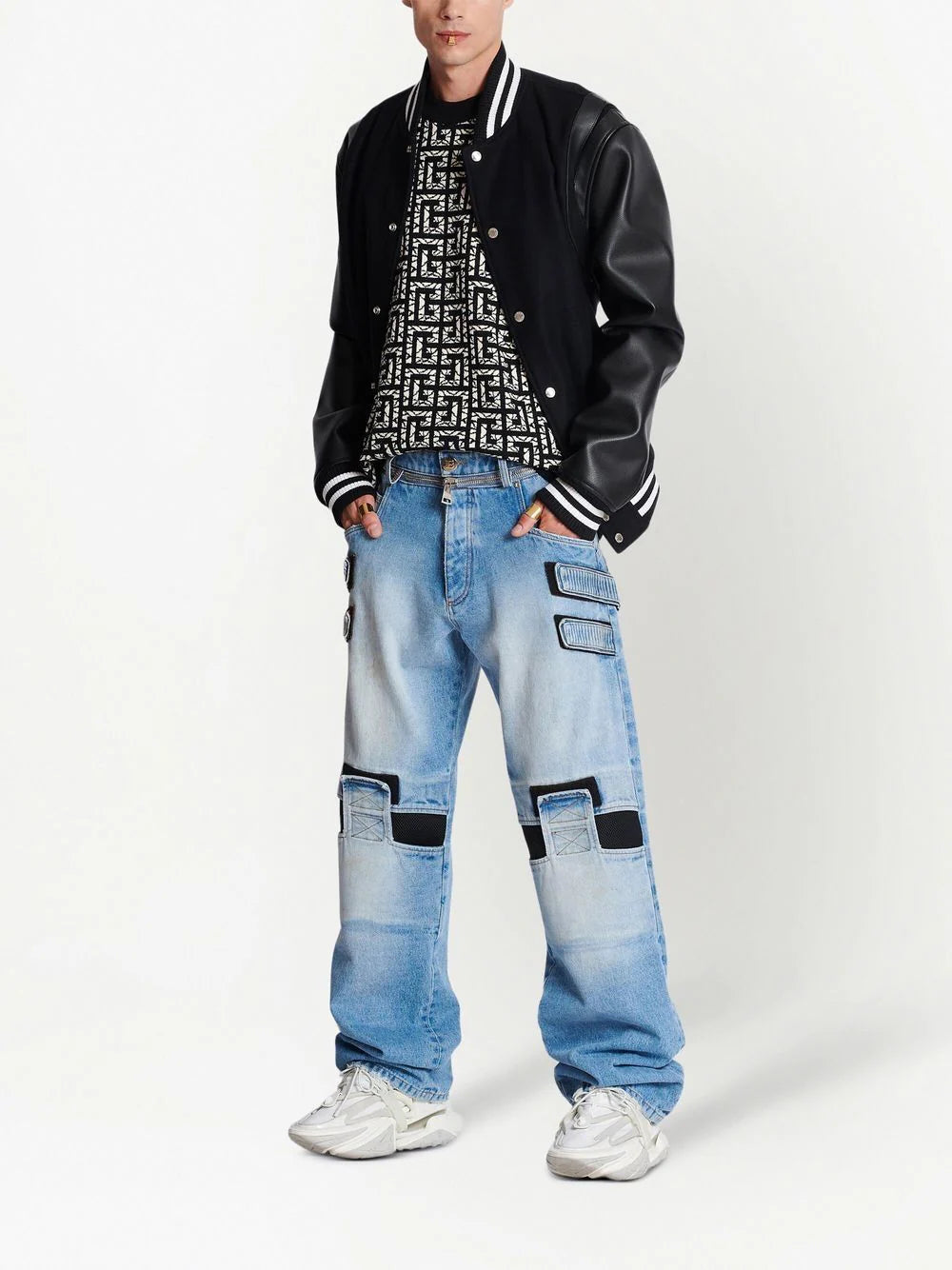 Balmain mesh-detail loose-cut denim jeans