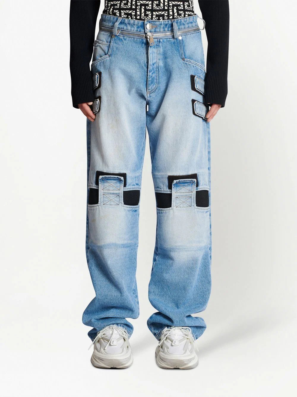 Balmain mesh-detail loose-cut denim jeans