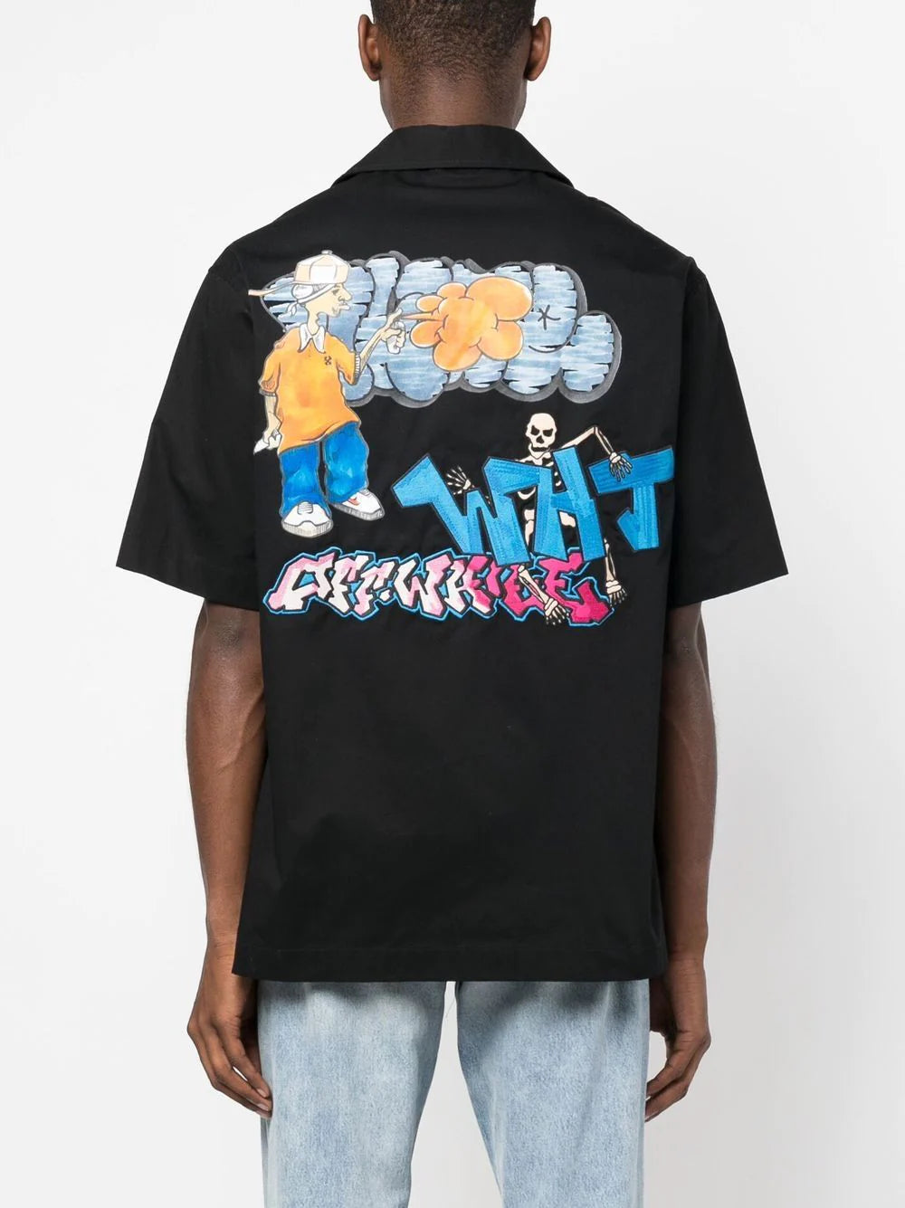 Off-white graffiti-print camp collar shirt.