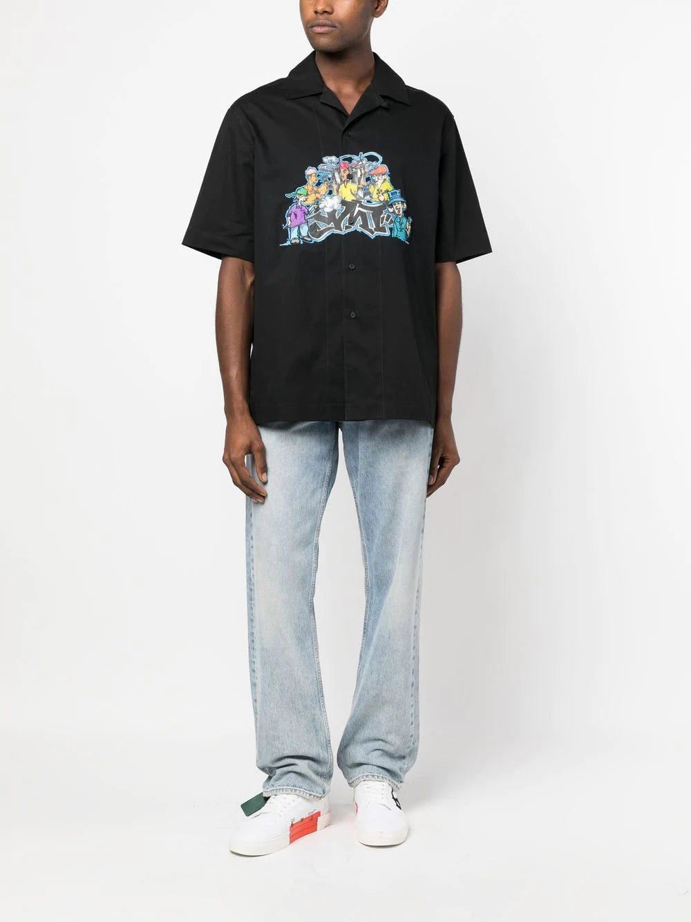 Off-white graffiti-print camp collar shirt.