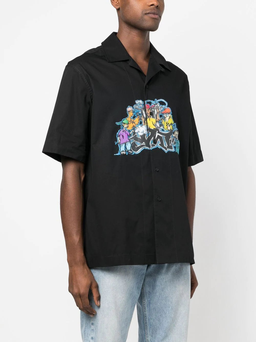 Off-white graffiti-print camp collar shirt.