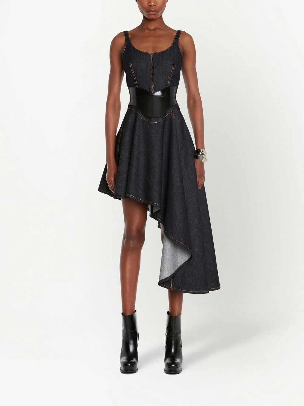 Alexander McQueen  asymmetric denim corset dress