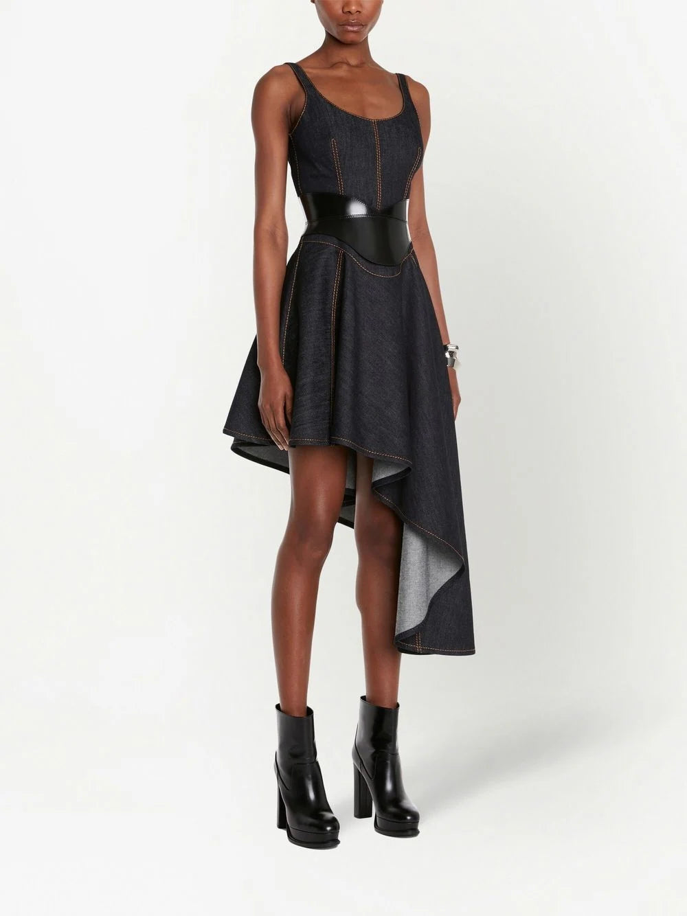 Alexander McQueen  asymmetric denim corset dress