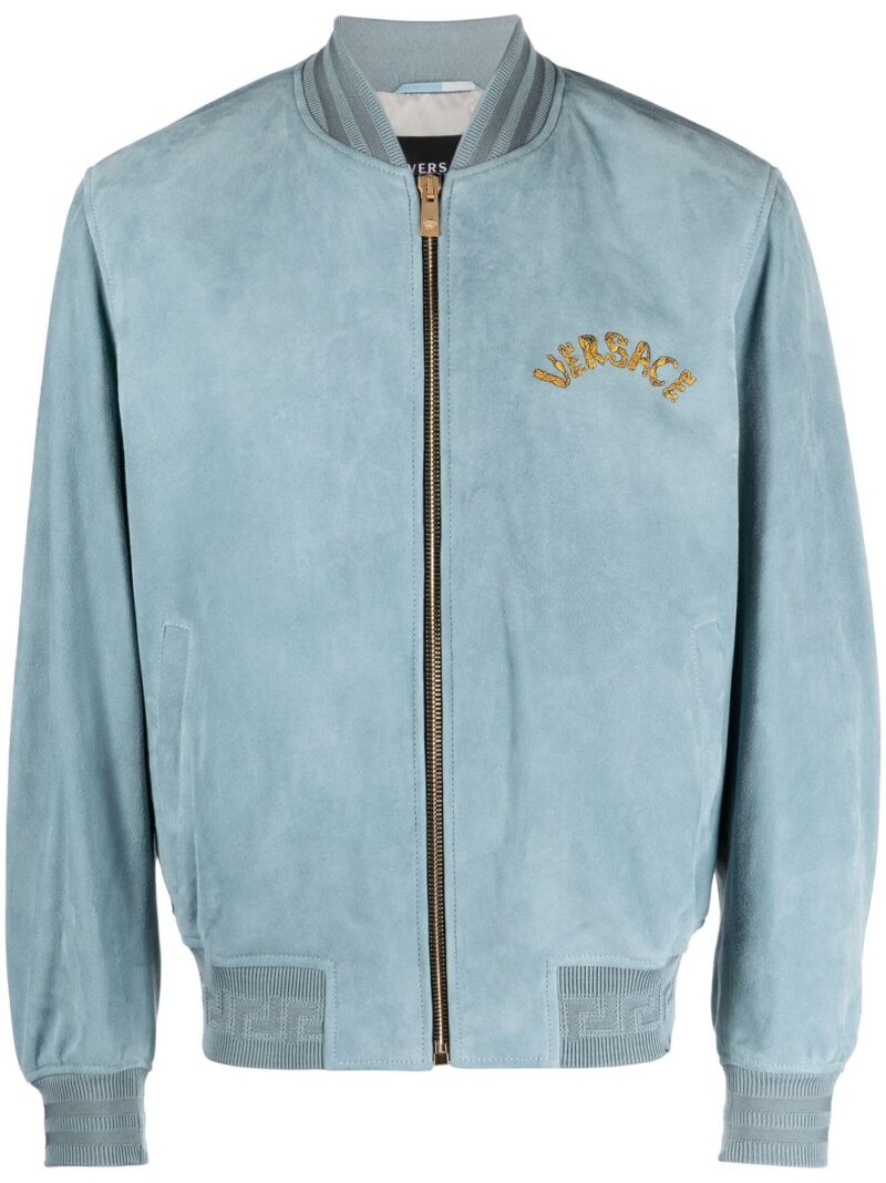 Versace  logo-embroidered suede bomber jacket
