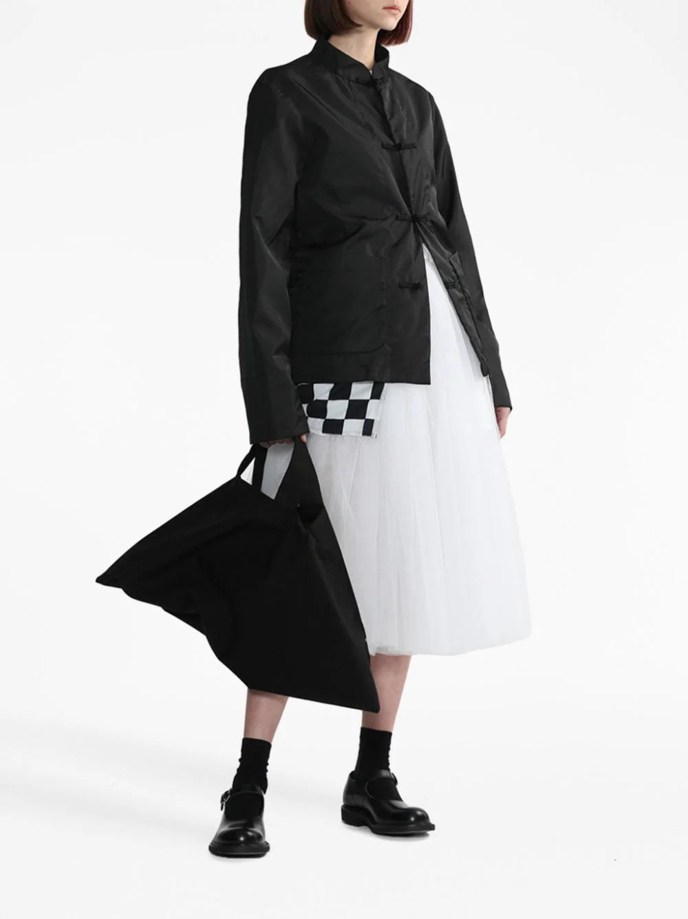 Black Comme Des Garçons check-pattern band-collar jacket