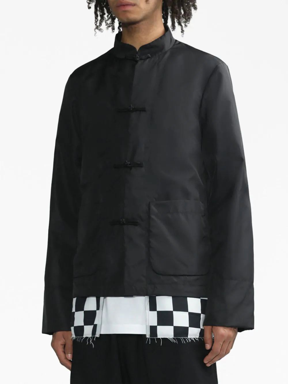 Black Comme Des Garçons check-pattern band-collar jacket