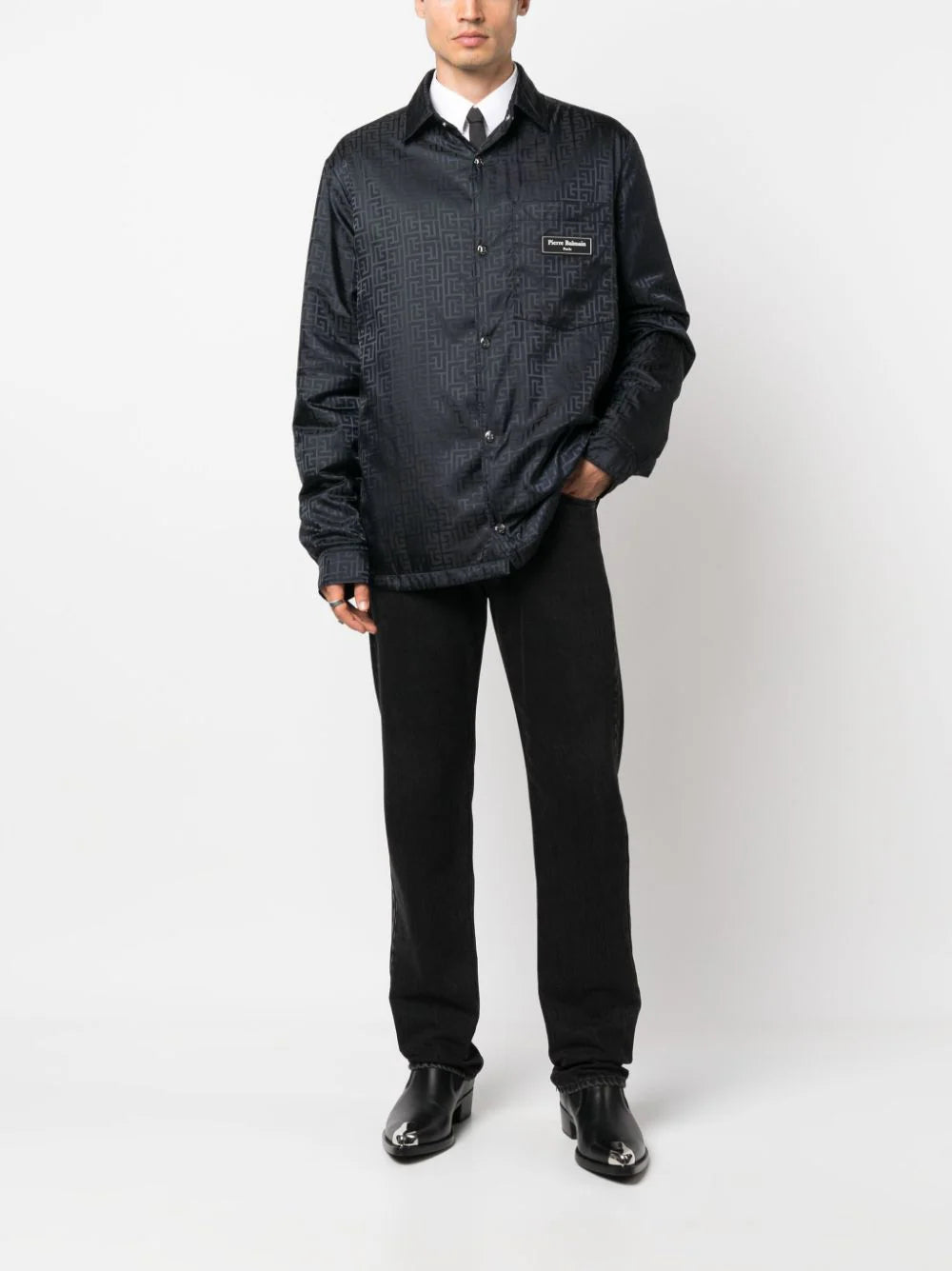 Balmain  monogram-pattern logo-patch shirt