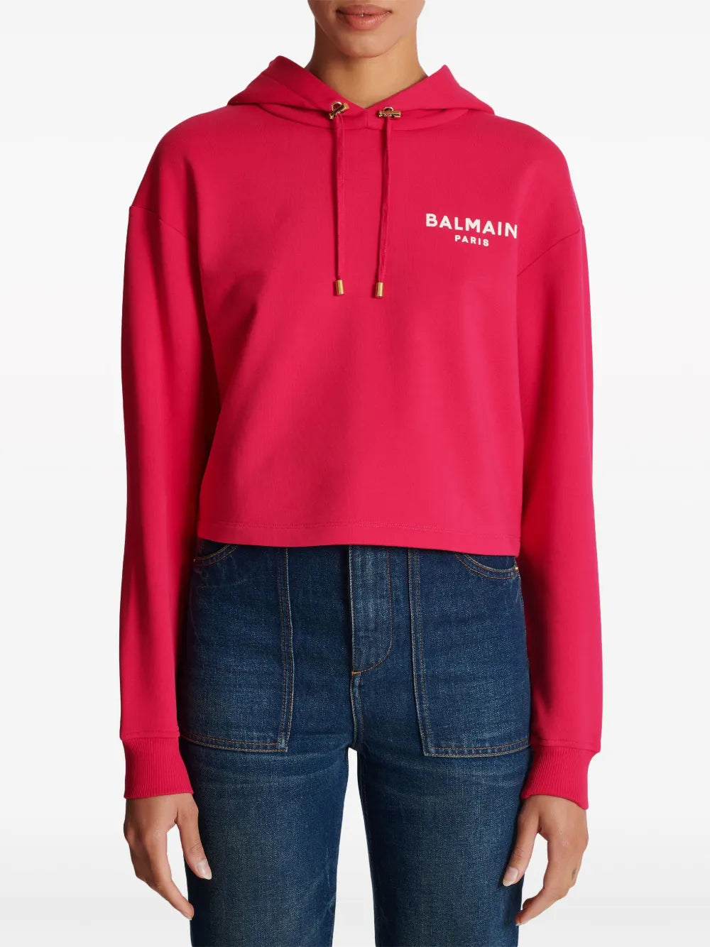 Balmain  logo-flocked cropped hoodie