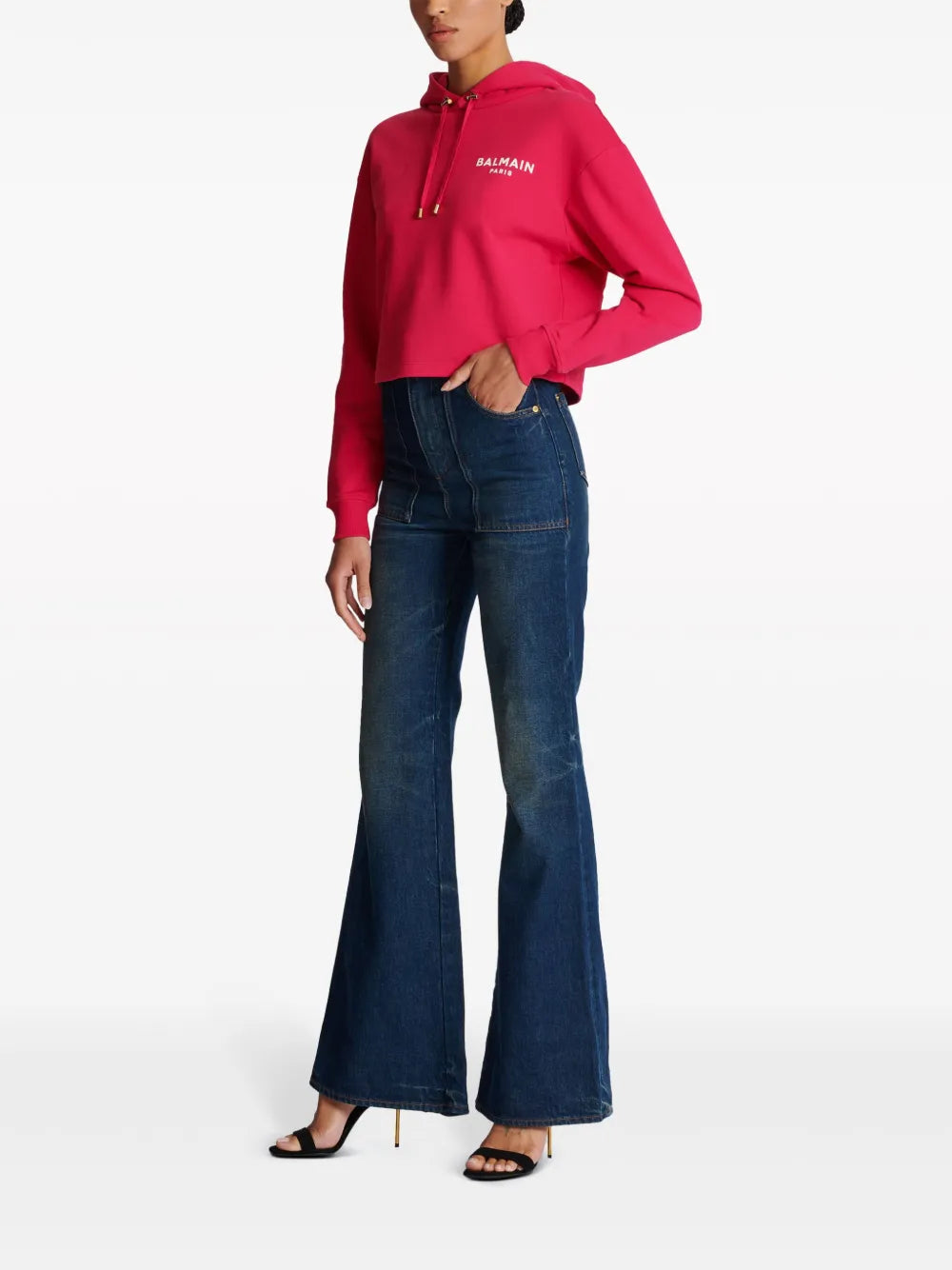 Balmain  logo-flocked cropped hoodie