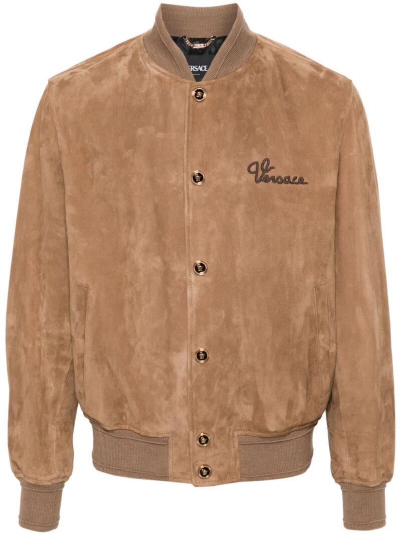Versace  logo-embroidered suede bomber jacket