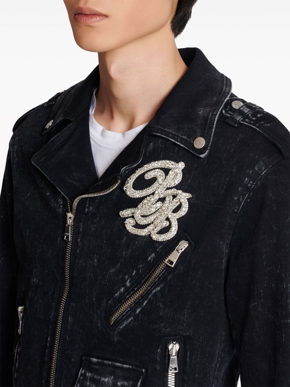 Balmain B logo-appliqué denim biker jacket - Image 3