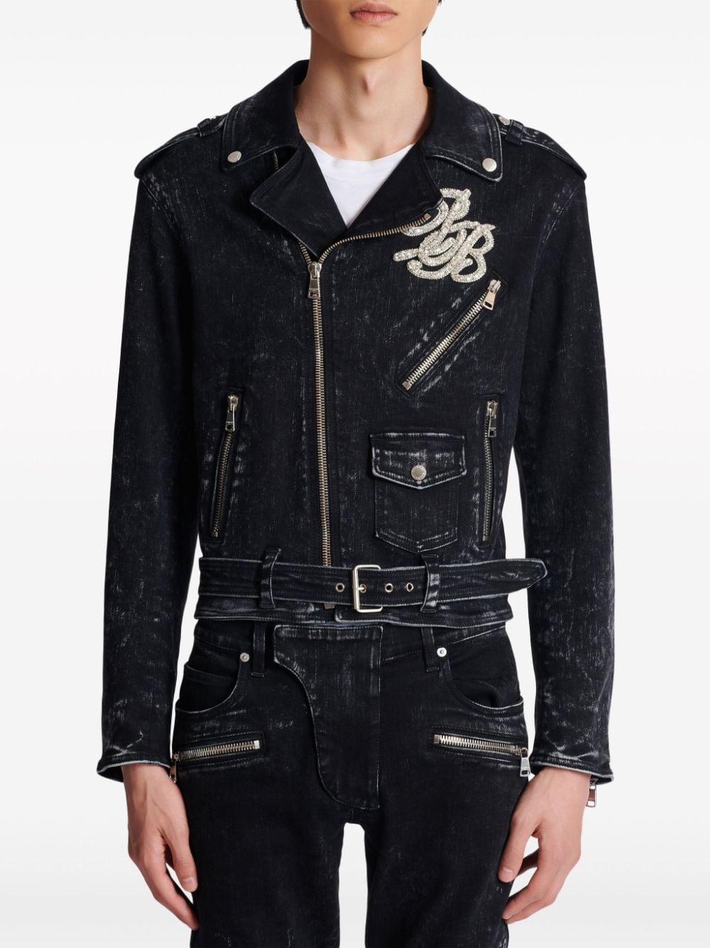 Balmain B logo-appliqué denim biker jacket - Image 4
