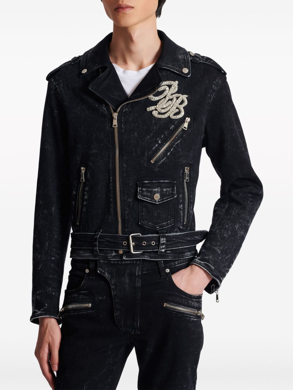 Balmain B logo-appliqué denim biker jacket - Image 5