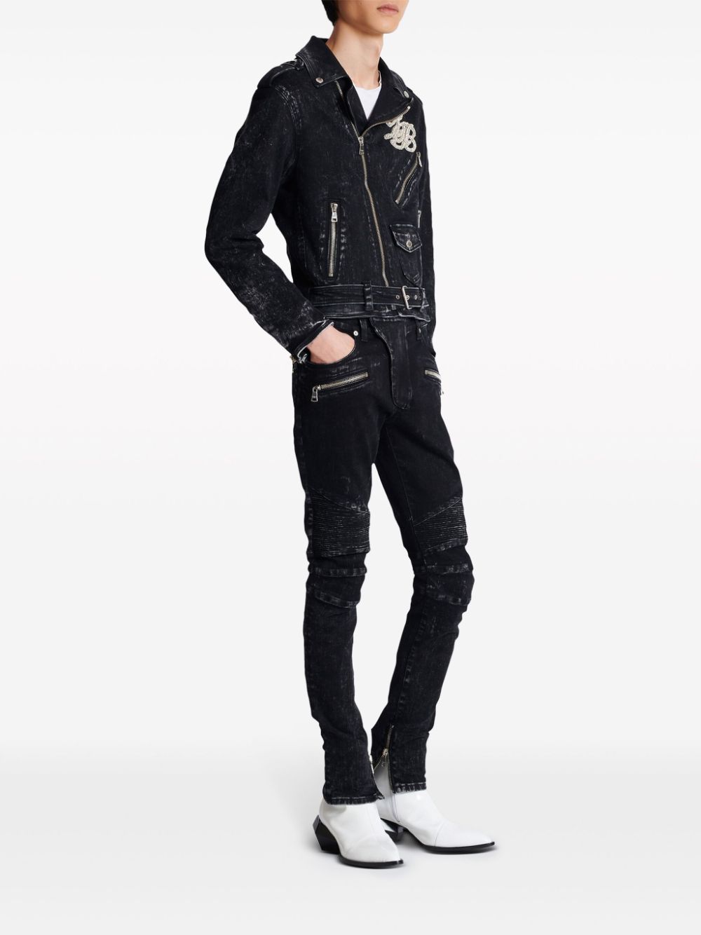 Balmain B logo-appliqué denim biker jacket - Image 6