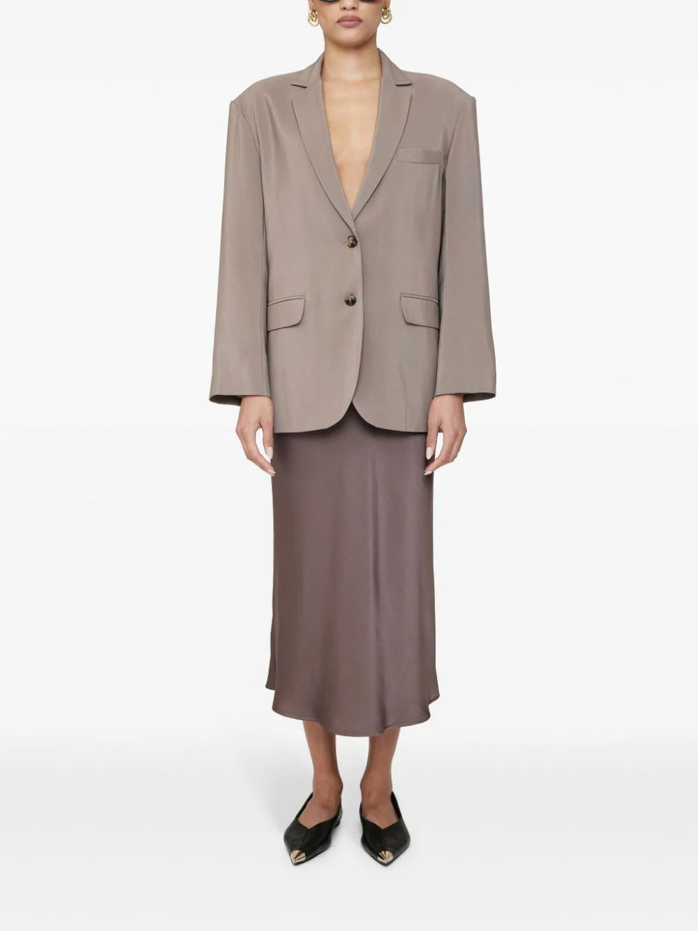 ANINE BING Bar fluted silk-satin midi skirt