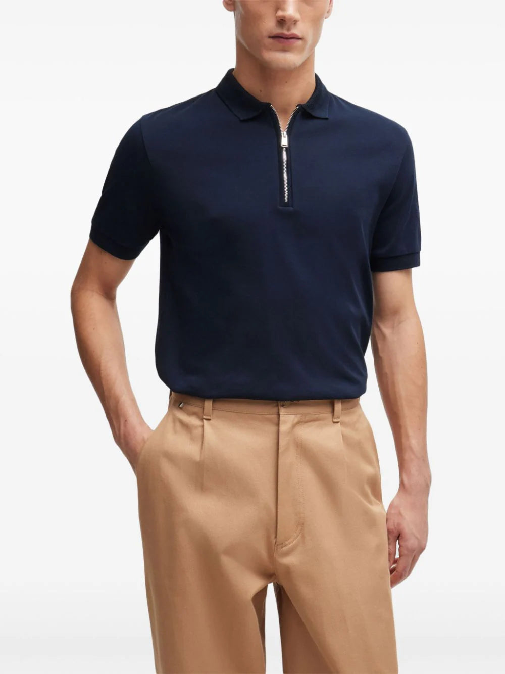 BOSS zip-neck cotton polo shirt