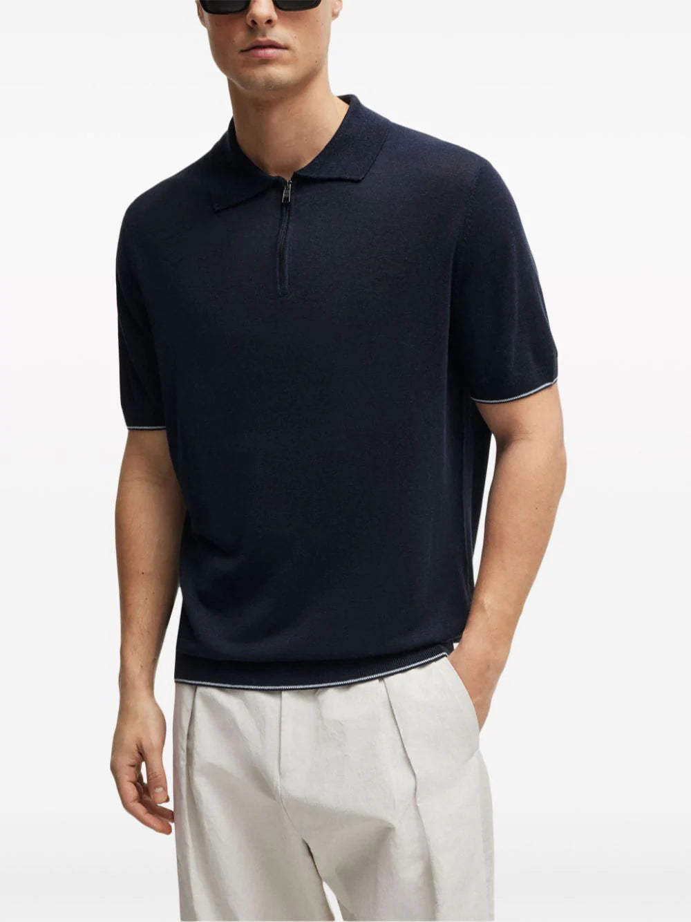 BOSS zip-neck linen-blend polo shirt