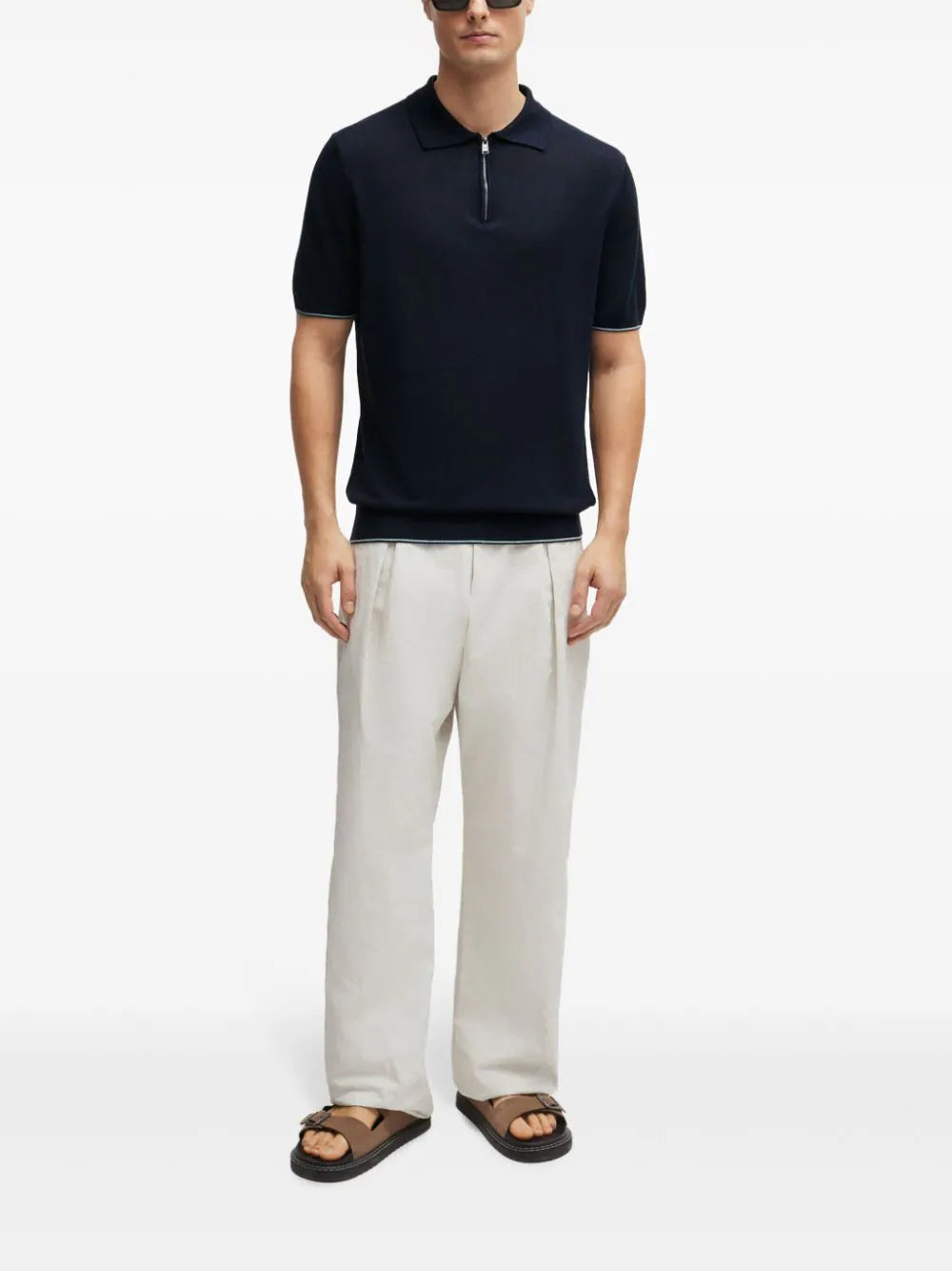 BOSS zip-neck linen-blend polo shirt