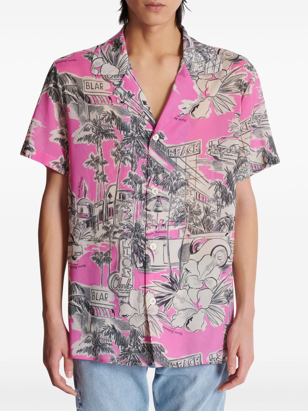 Balmain Miami print silk camp shirt