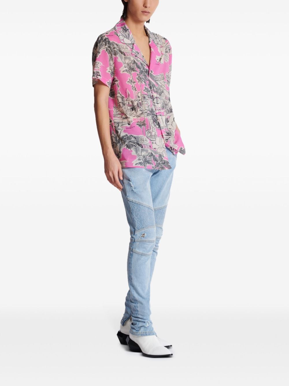 Balmain Miami print silk camp shirt