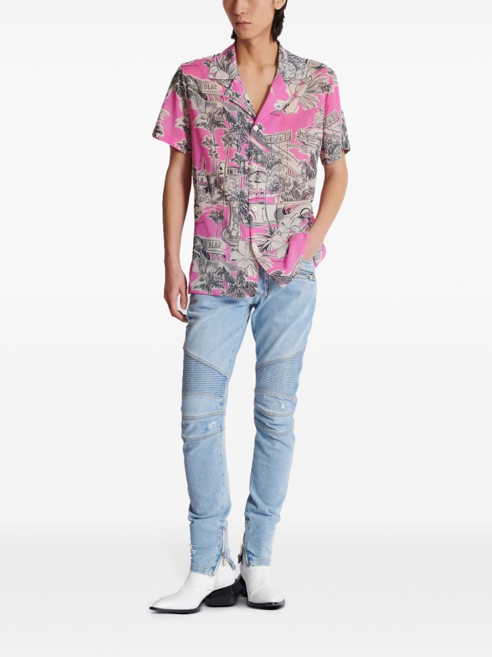 Balmain Miami print silk camp shirt