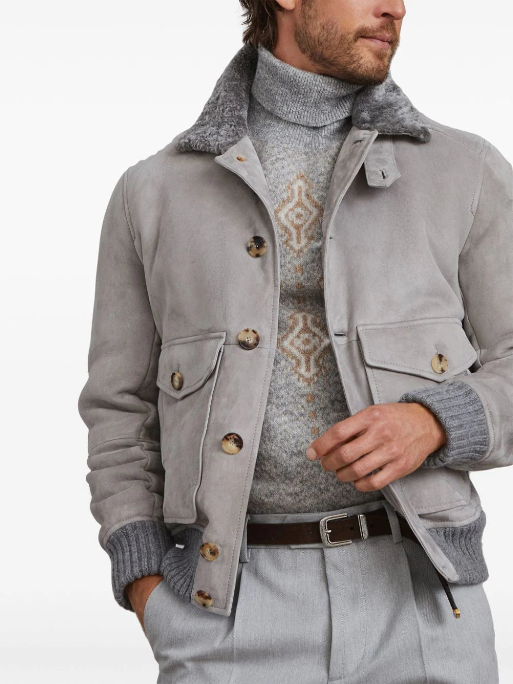 Brunello Cucinelli  shearling-collar suede jacket