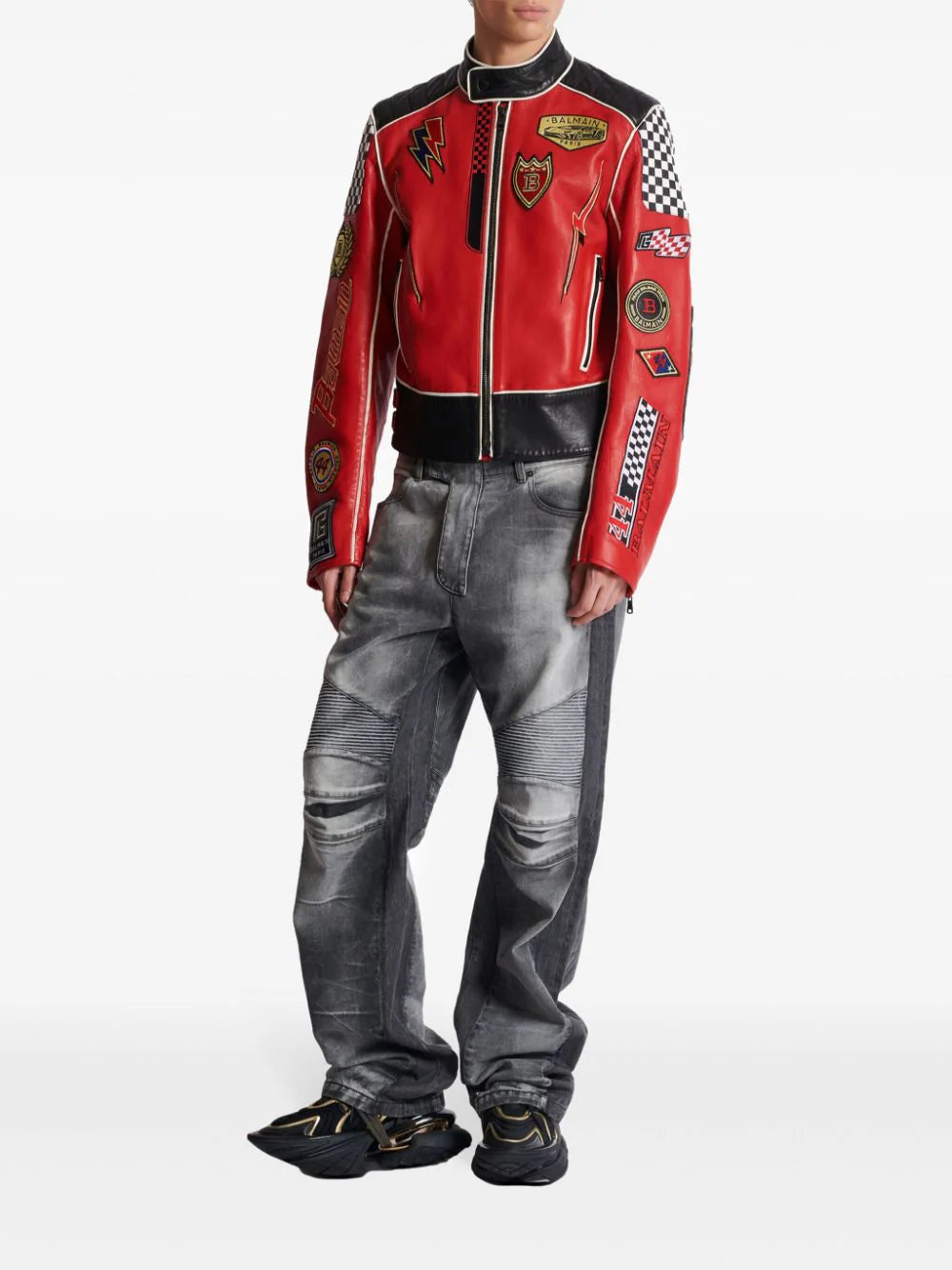 Balmain logo-appliqué leather jacket