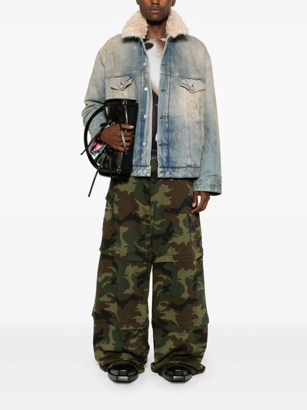 Acne Studios  shearling-collar distressed denim jacket