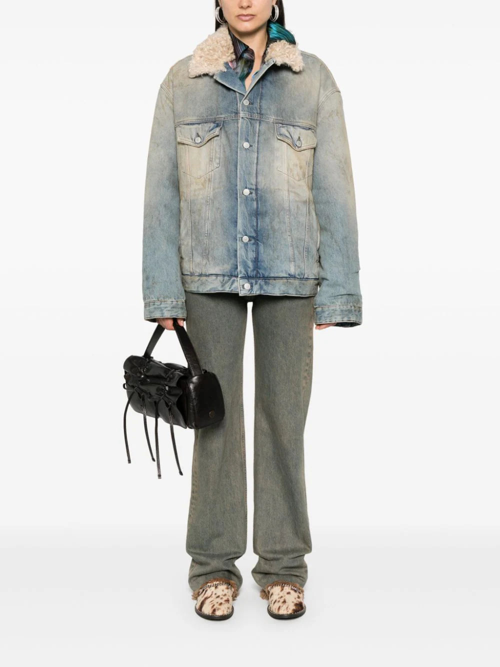 Acne Studios  shearling-collar distressed denim jacket
