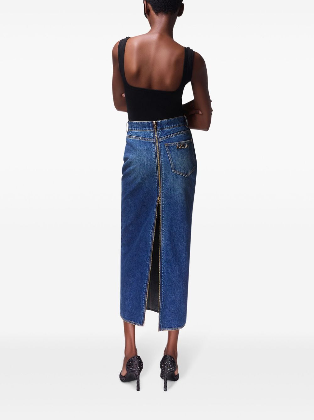 AREA logo-charm denim midi skirt