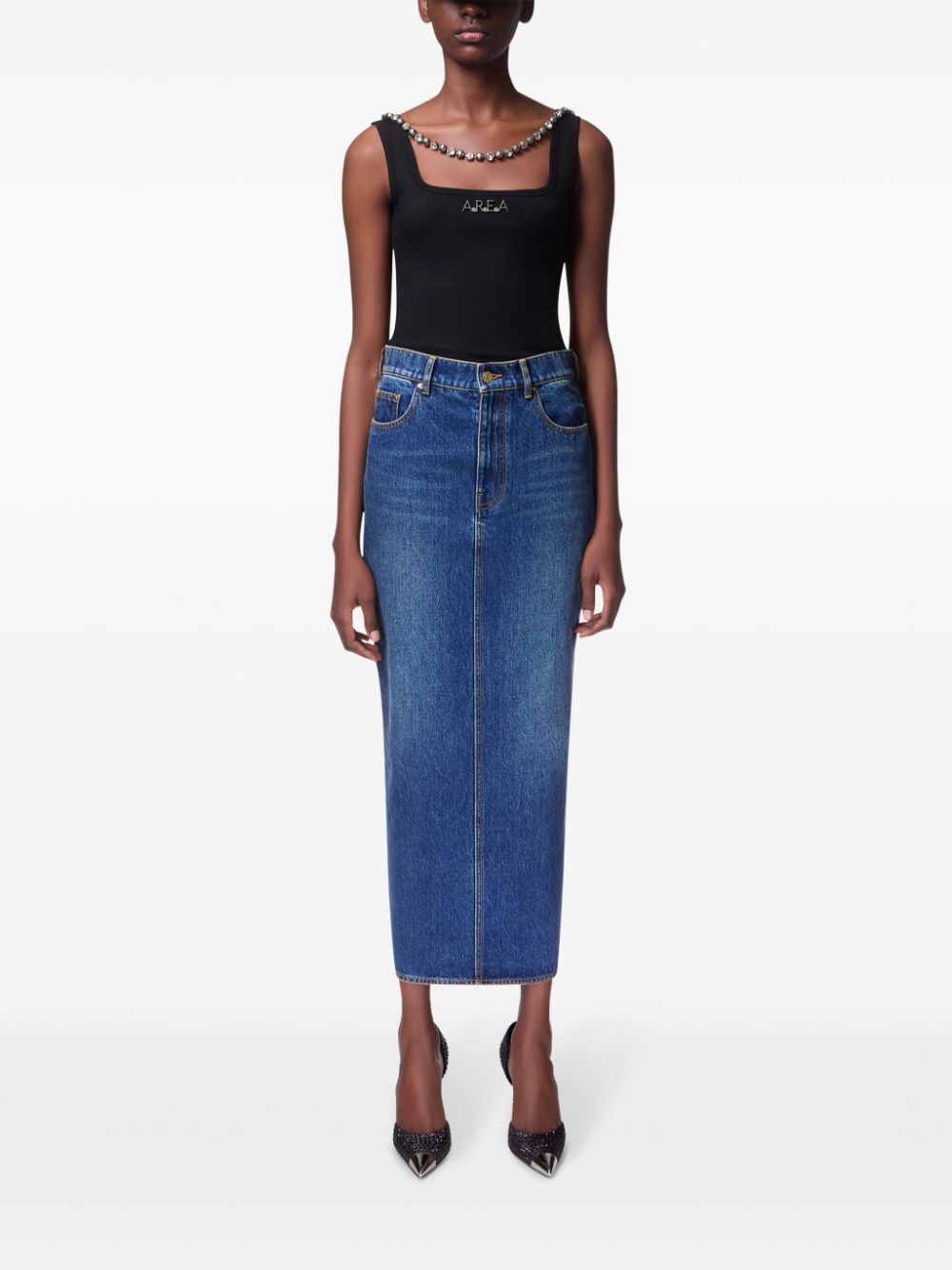 AREA logo-charm denim midi skirt