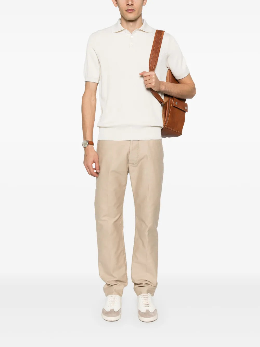 Brunello Cucinelli ecru fine-ribbed polo shirt