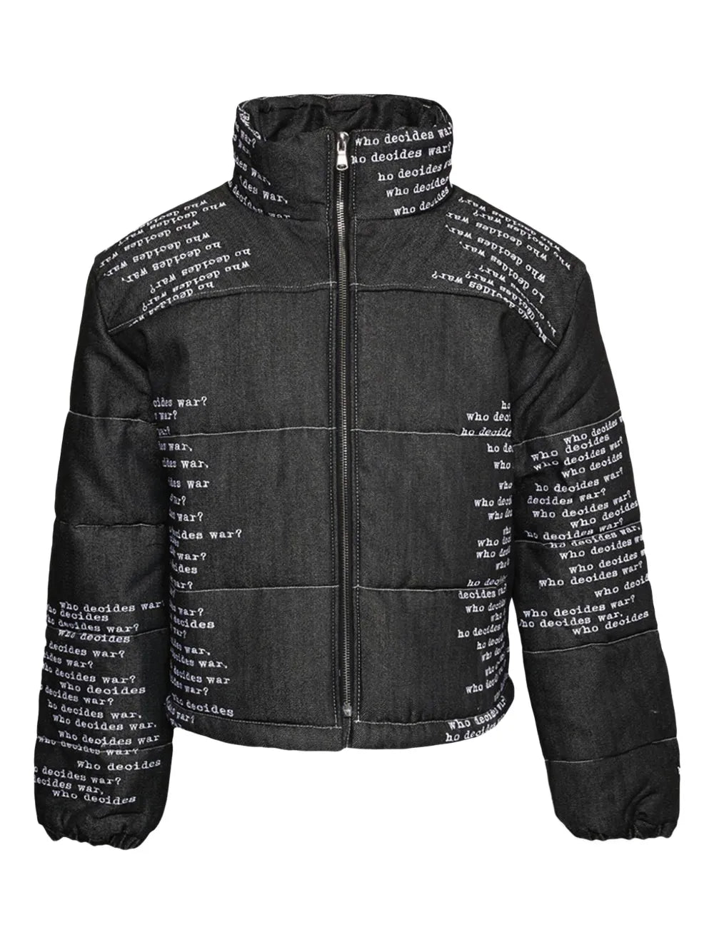Who Decides War  Signature Scripture puffer jacket