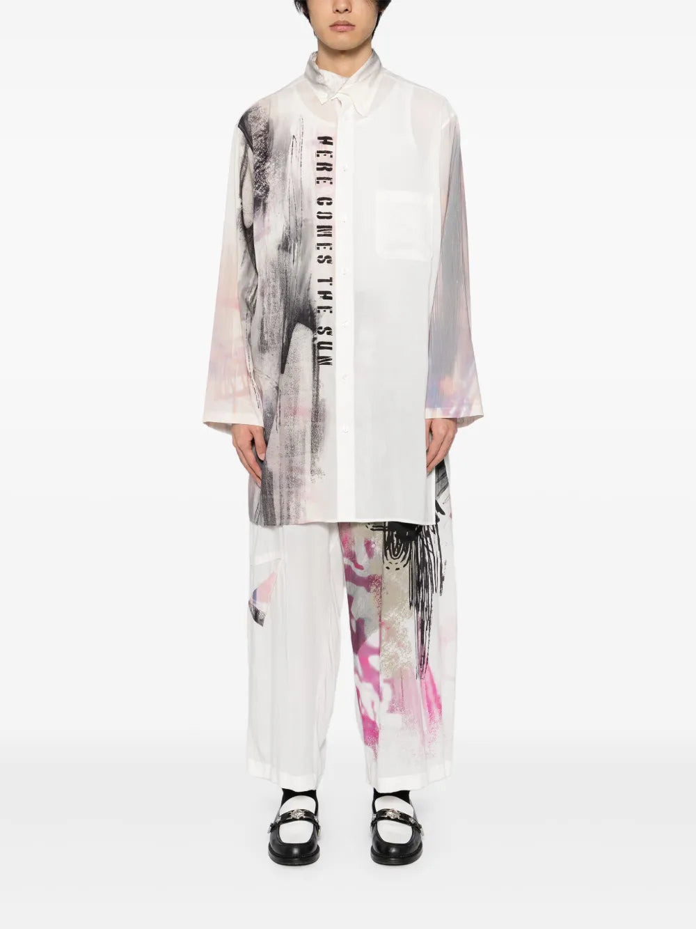 Yohji Yamamoto  printed asymmetric-collar shirt