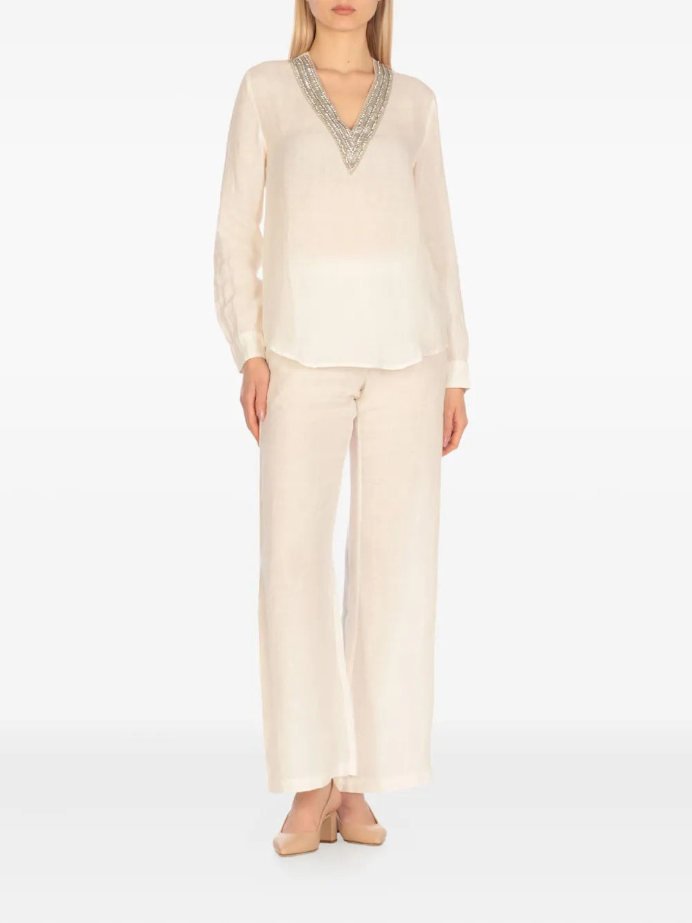 120% Lino  V-neck embellished blouse