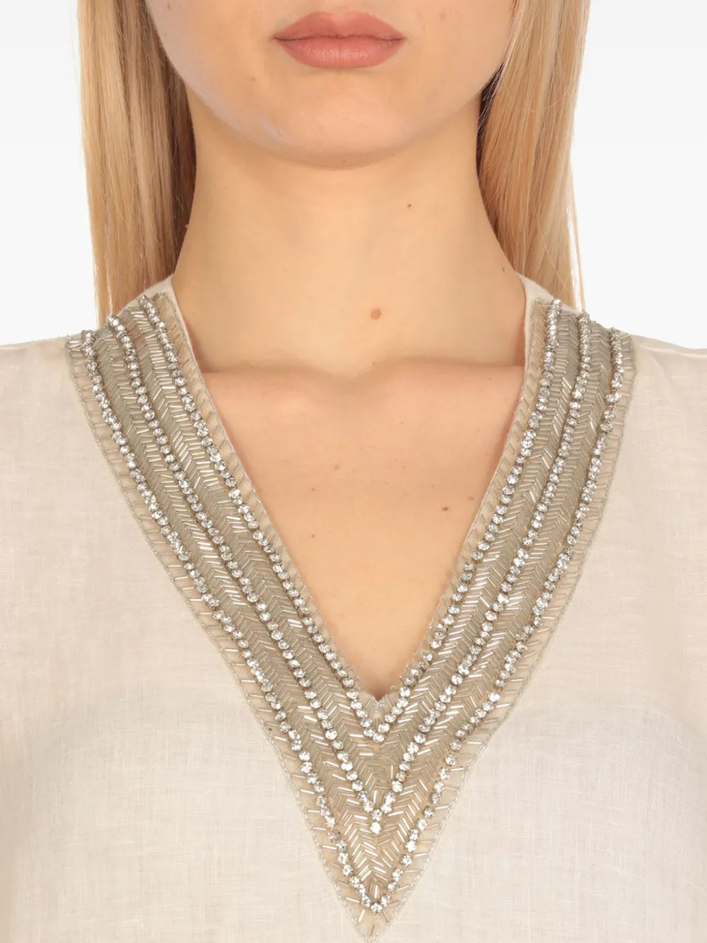 120% Lino  V-neck embellished blouse