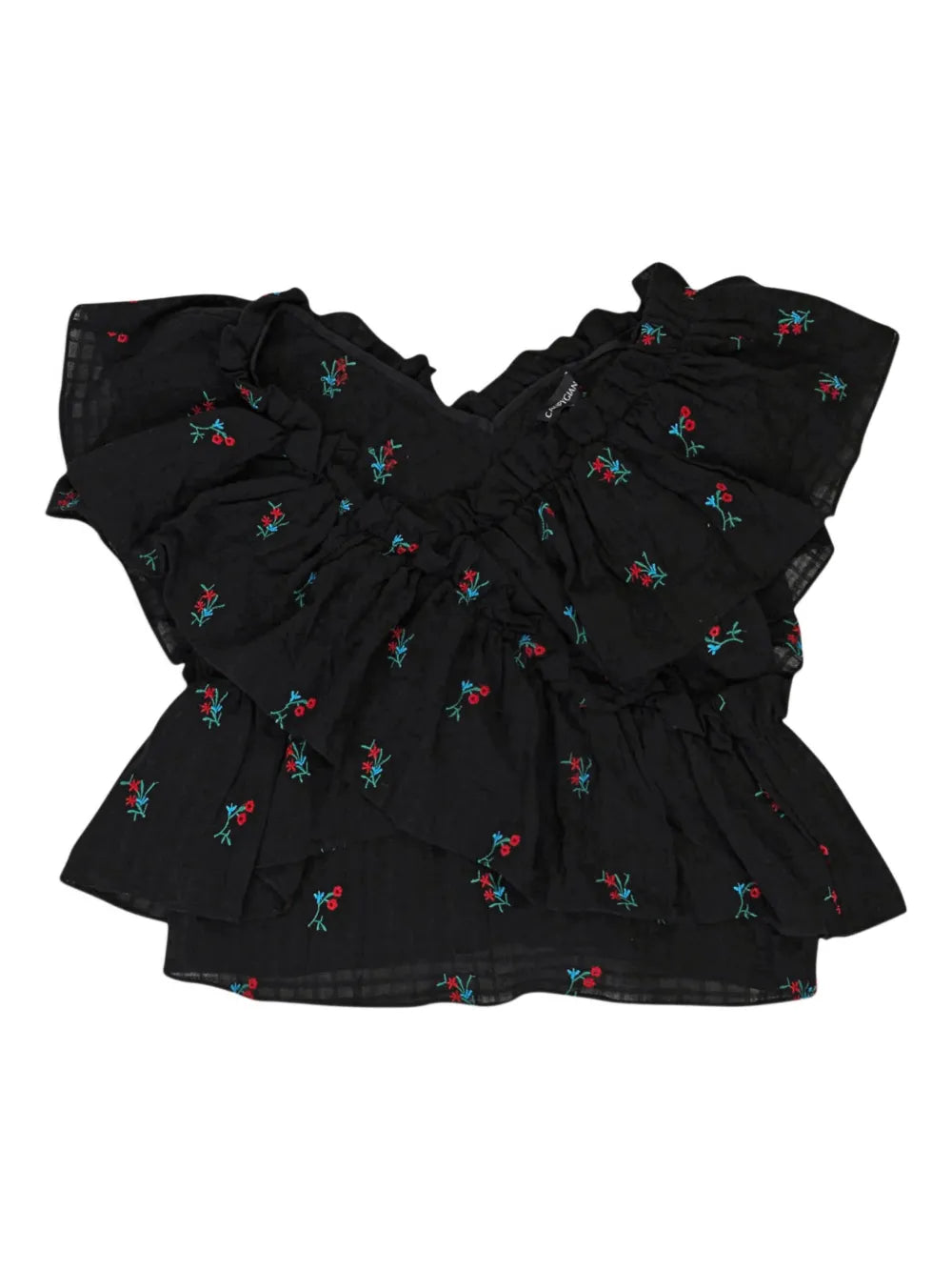 Callipygian floral-embroidered ruffled blouse