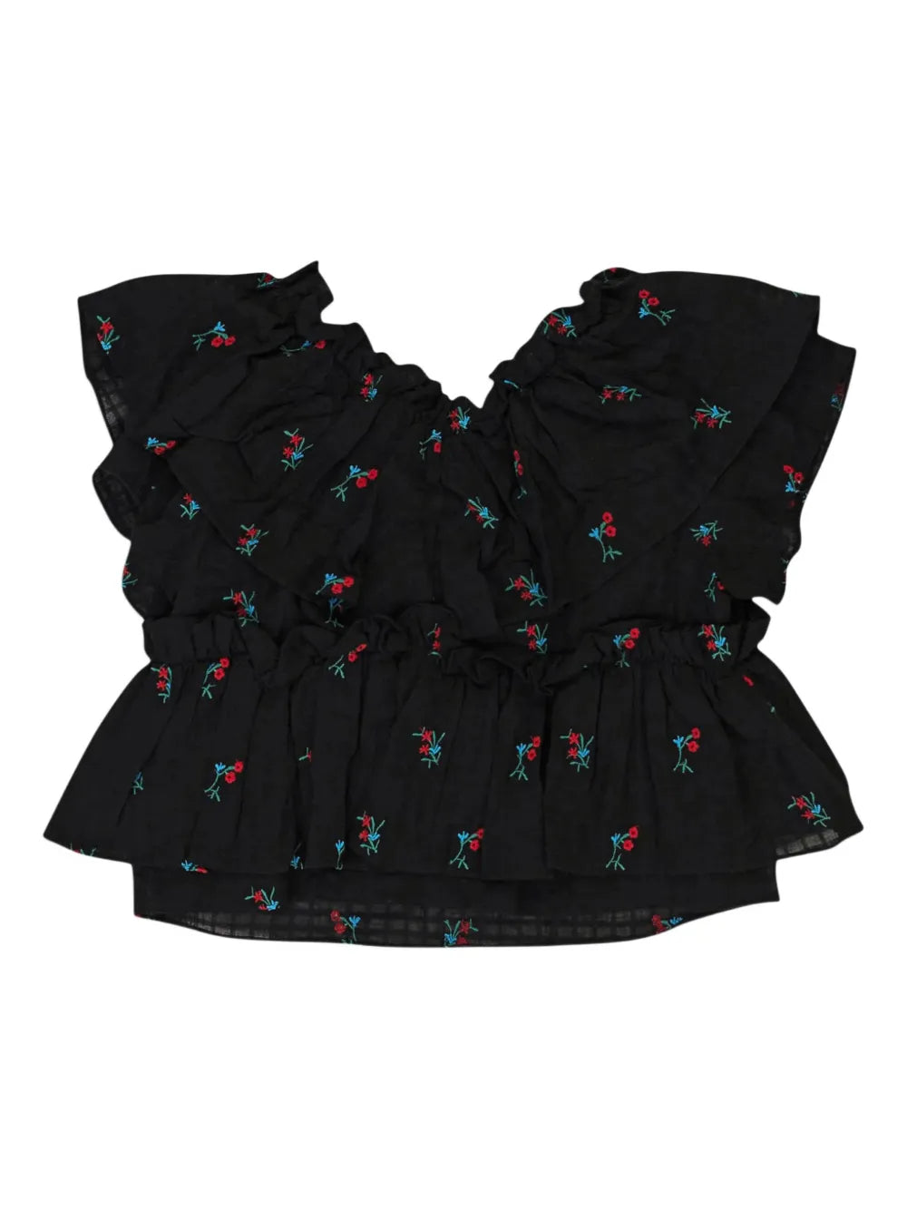 Callipygian floral-embroidered ruffled blouse