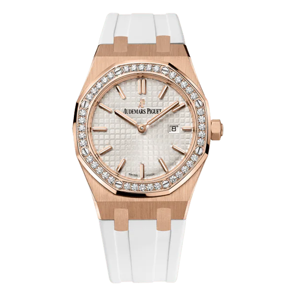 Audemars Piguet Royal Oak 67651Or.Zz.D010Ca.01 White Indices Diamond Bezel 33Mm 18K Rose Gold White Rubber Strap Ladies Watch
