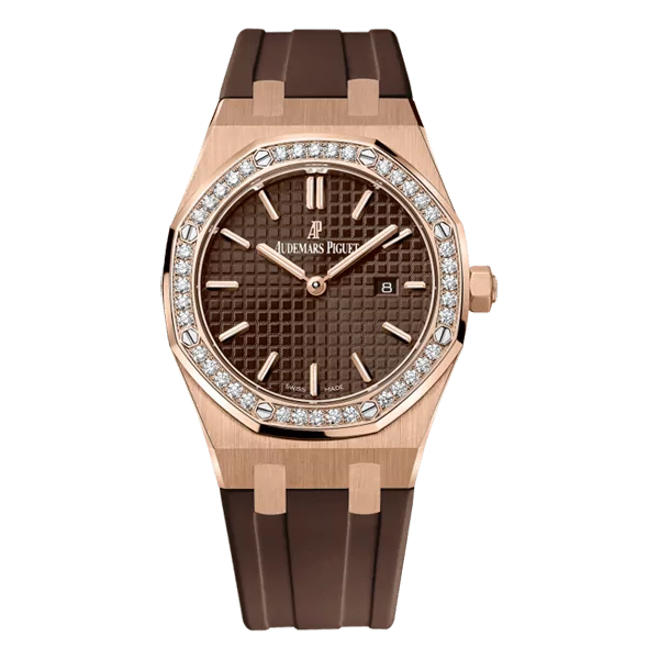 Audemars Piguet Royal Oak 67651Or.Zz.D080Ca.01 Brown Index Dial 33Mm Rose Gold Rubber Straps Ladies Watch