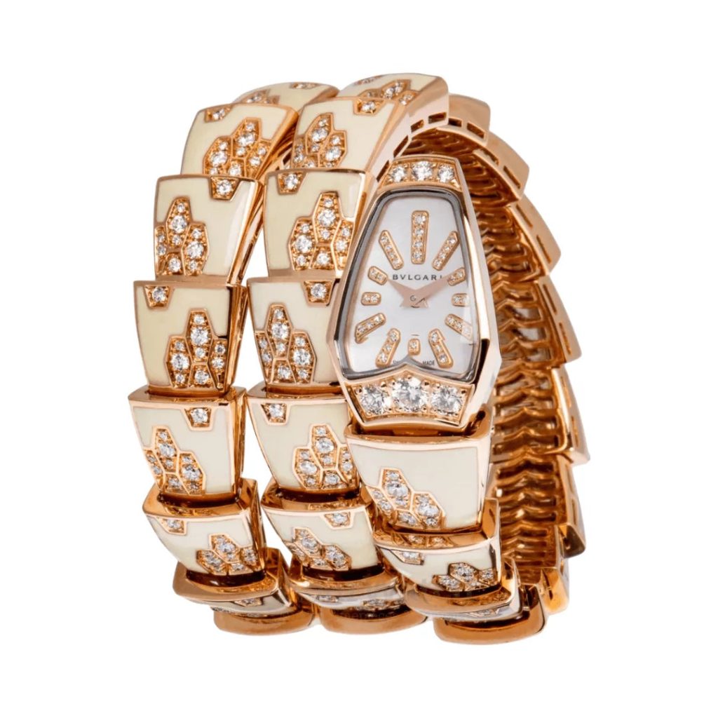 Bvlgari Serpenti 101985 Rose Gold Enamel Double Twirl Scagllie Bracelet MOP Dia