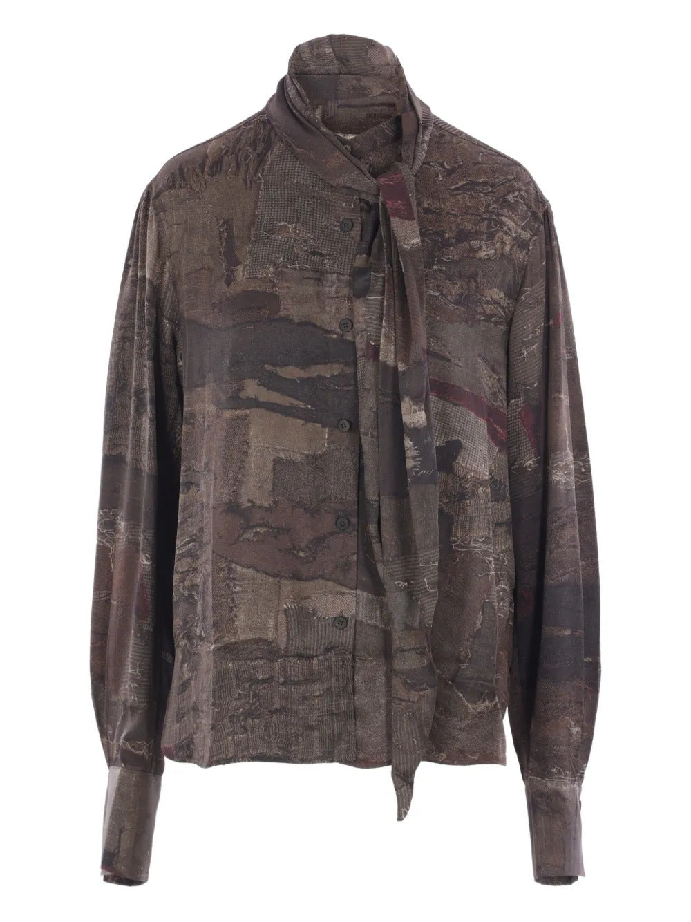 Ziggy Chen patchwork-print tie-neck shirt