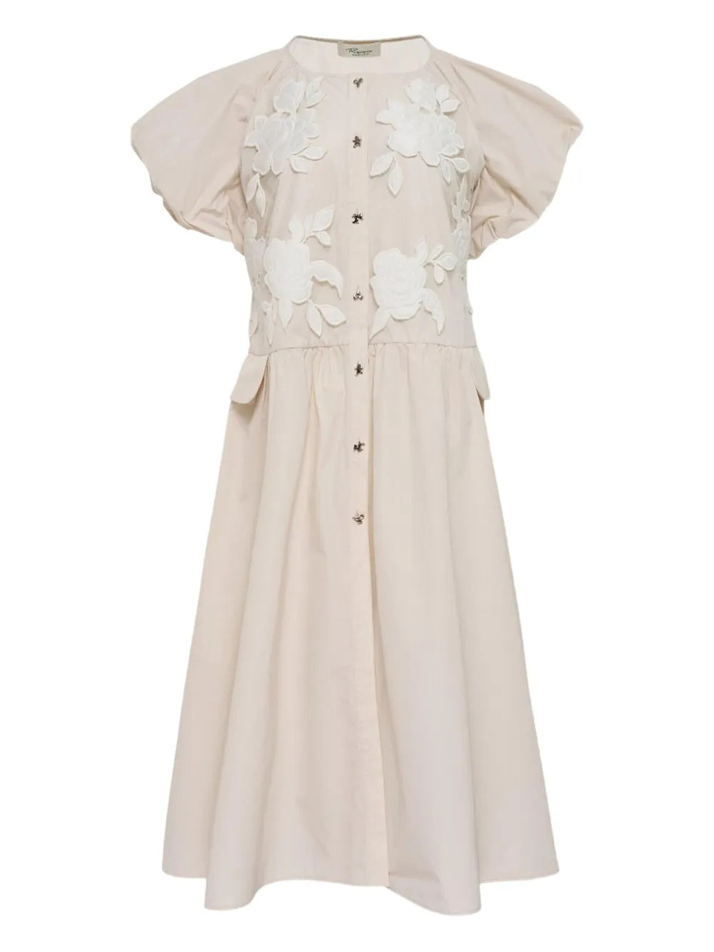 CAROLINE HU  floral-embroidered puff-sleeve midi dress