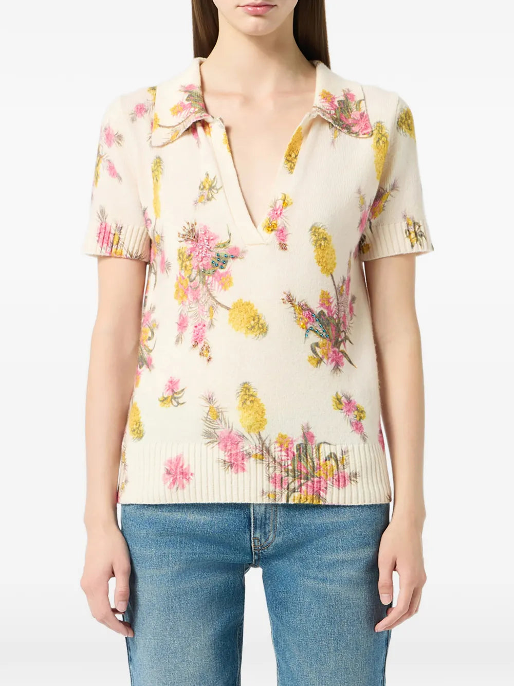 Blumarine  wingtip-collar floral-print T-shirt