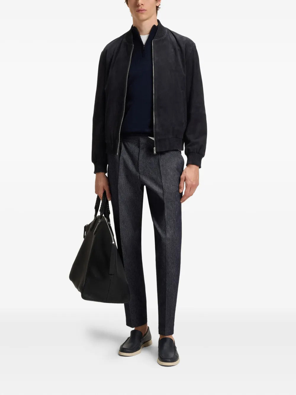 BOSS  ribbed-collar suede bomber jacket