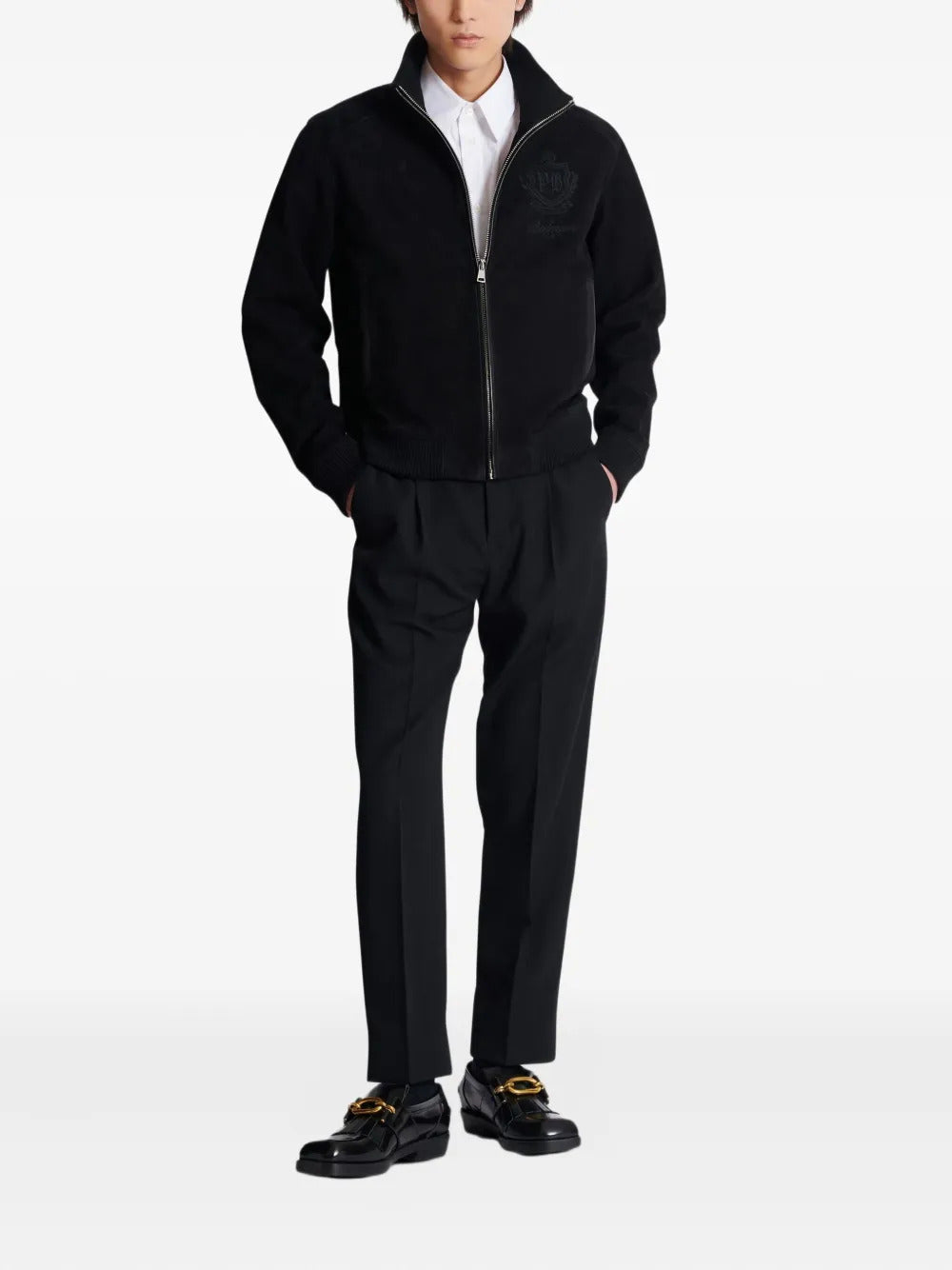 Balmain  embroidered-emblem suede jacket