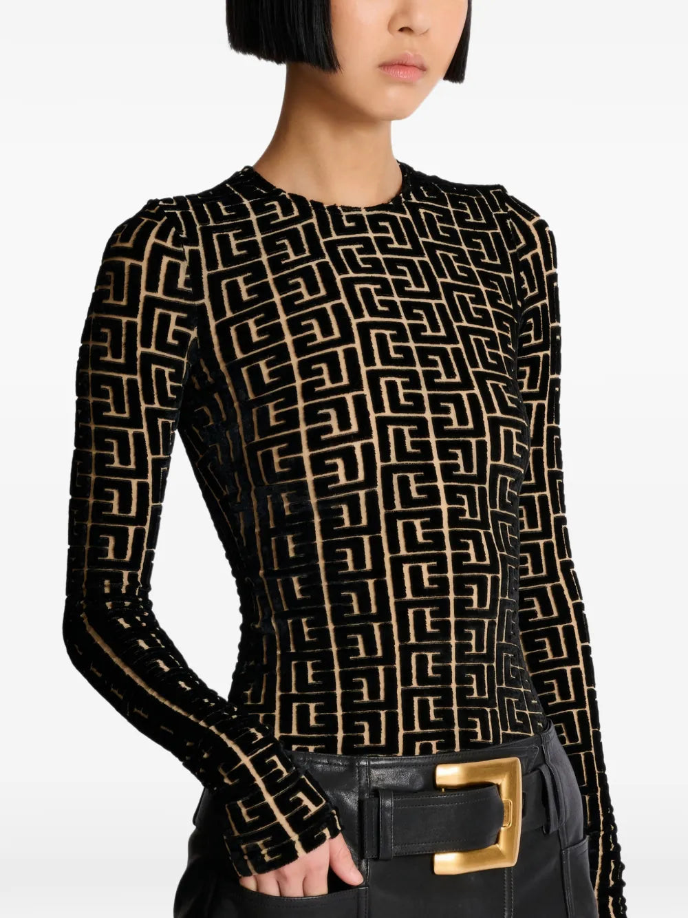 Balmain  monogram-pattern velvet  T-shirt